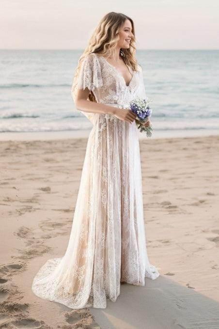 A-Line Sweep-Brush Train Lace Wedding Dress CW3511CR - COCOMELODY